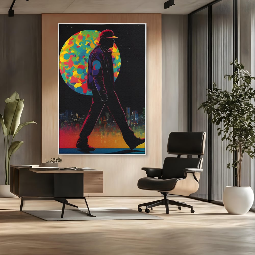 Tablou canvas cu silueta unui barbat mergand pe fundal urban, in rama de aluminiu argintiu, pe perete intr-un birou